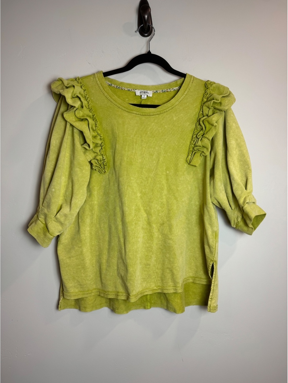 UMGEE Chartreuse Mineral Wash Ruffle Shoulder French Terry Top MED BOHO CHIC